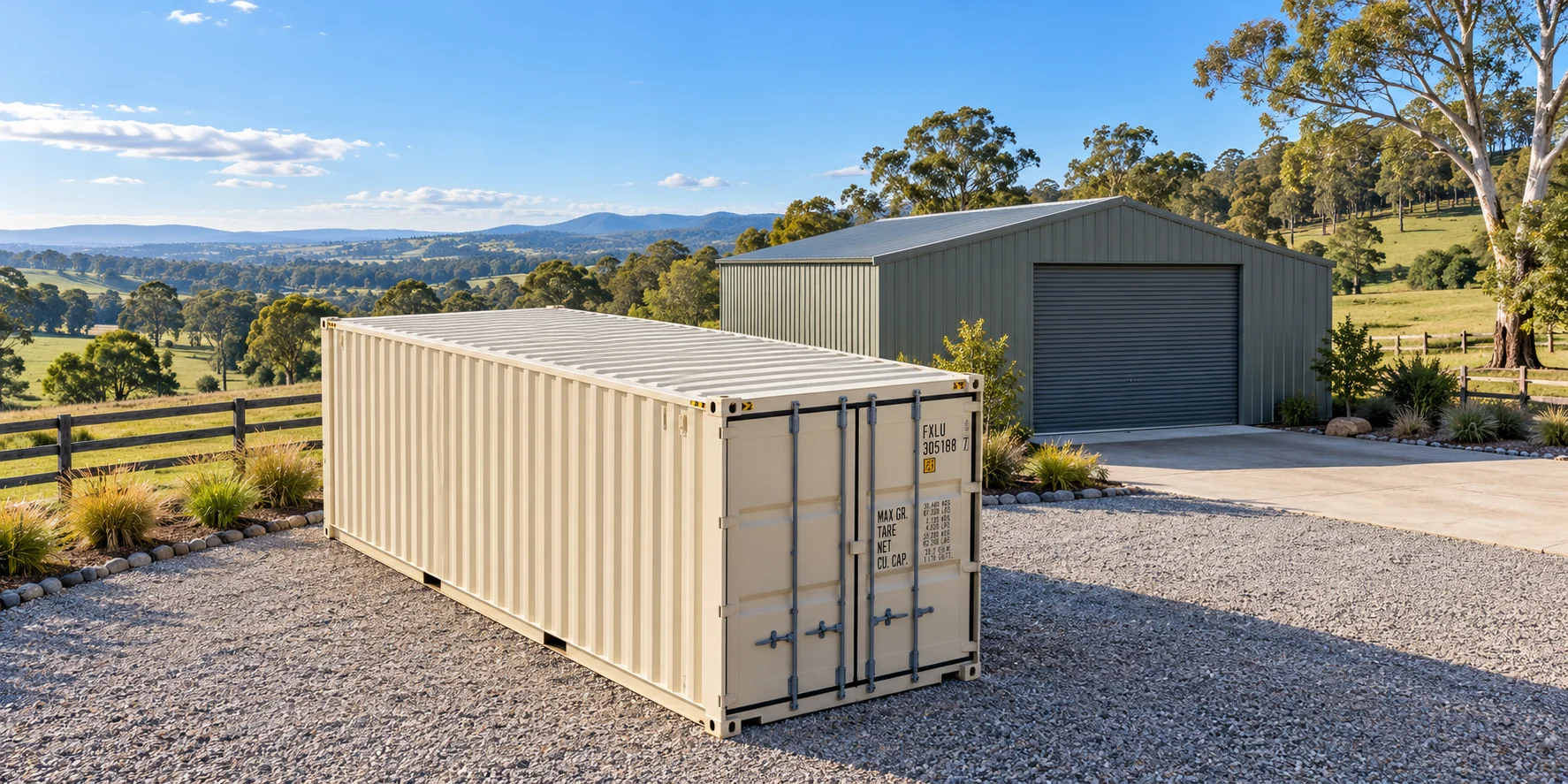 Illustrative cream shipping container beside a country shed; not actual yard or stock